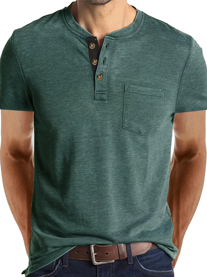 Men's Henley Round Neck Short Sleeve T-Shirt.