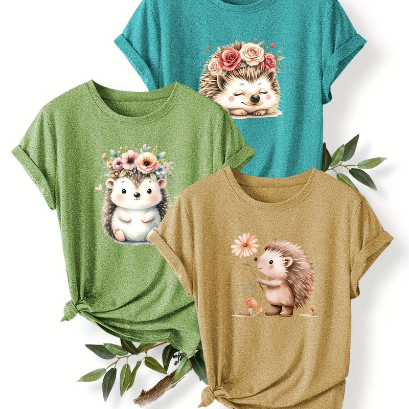 3pcs Women's Cute Hedgehog Graphic T-Shirts.