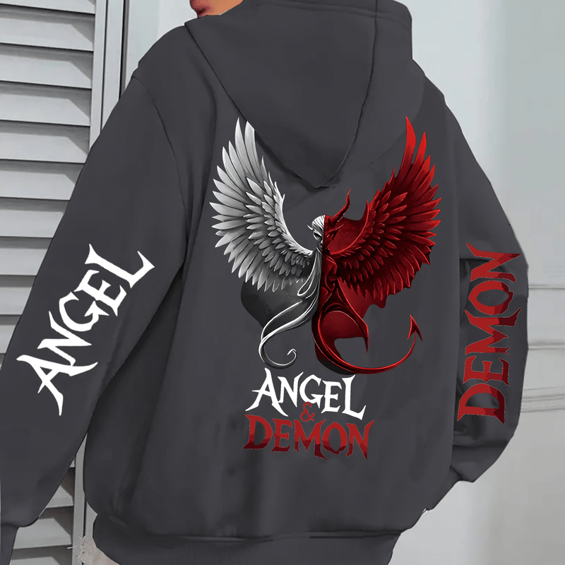 Hooded Sweatshirt with Angel and Demon Print.