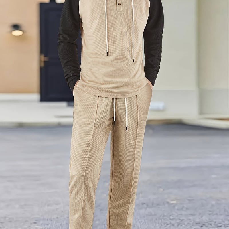 Men's Waffle 2pcs Hooded Sweatshirt Set Top Color Block.