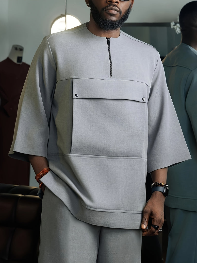 Men's Casual 2pcs Set, Round Neck, Short Sleeve, Zipper, Faux Pocket Design.