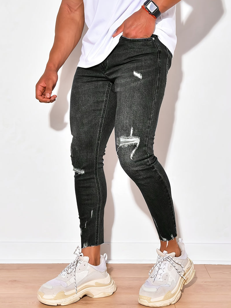 Men's Slim-Fit Jeans - Dark Washed Stretchy Denim with Distressed Details.