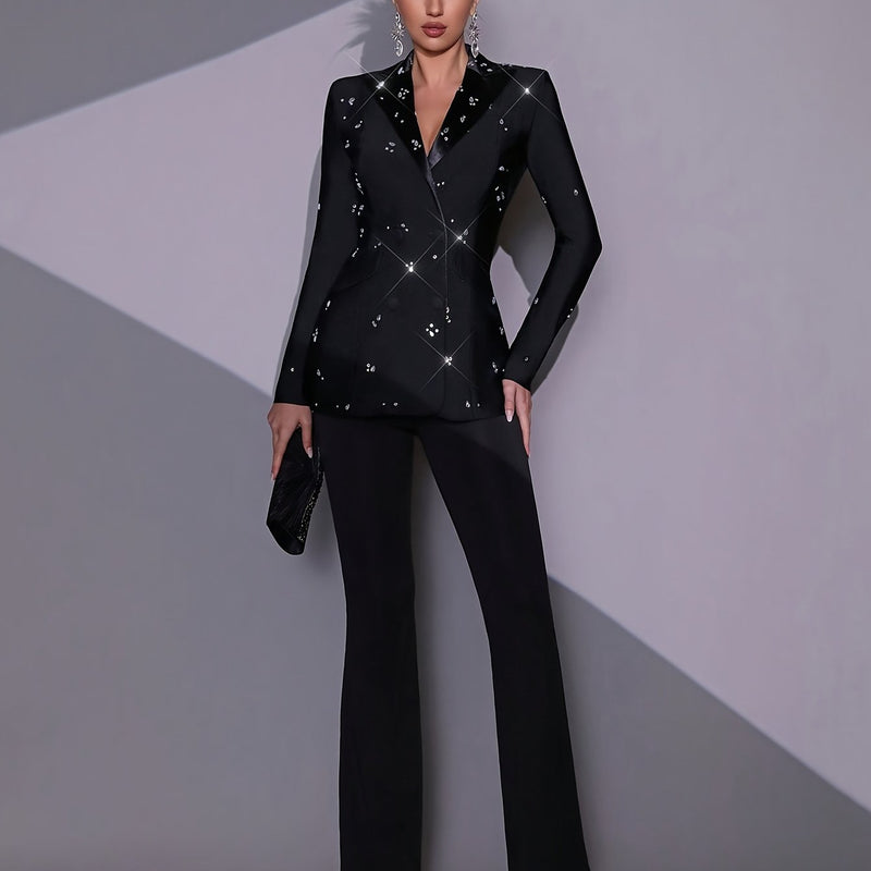 Black Sexy Heavy-Duty Shiny Diamond Long-Sleeve Blazer and Pants for Women.