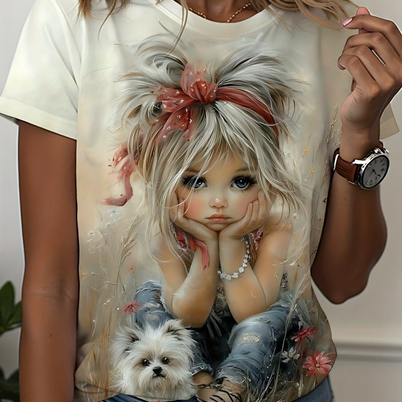 Women's Summer Short-Sleeve T-Shirt with Cute Portrait Print.