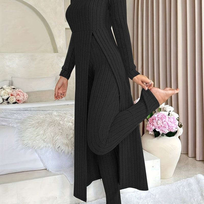 2pcs Women's Designer Round Neck Split Long Sleeve Top and Pants.