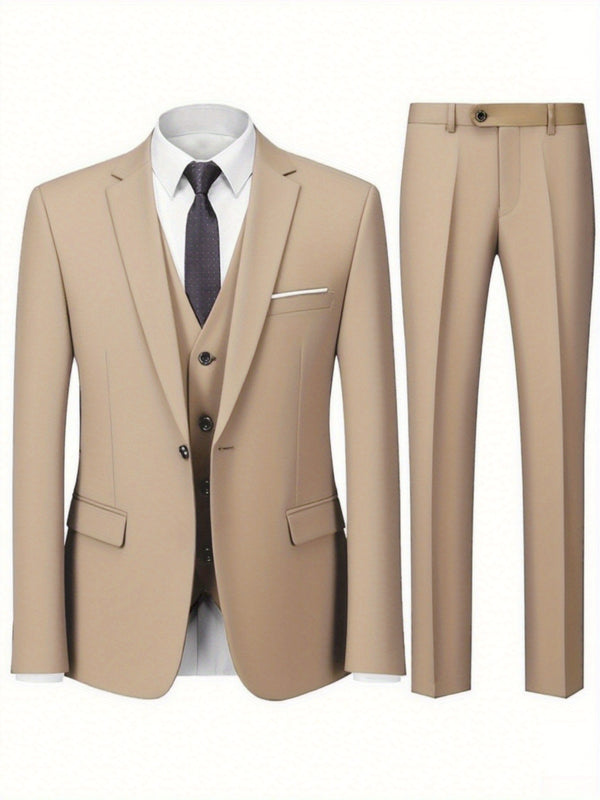 3pcs Suit Set for Men, Single-Breasted One-Button Black Suit And Trousers Set.