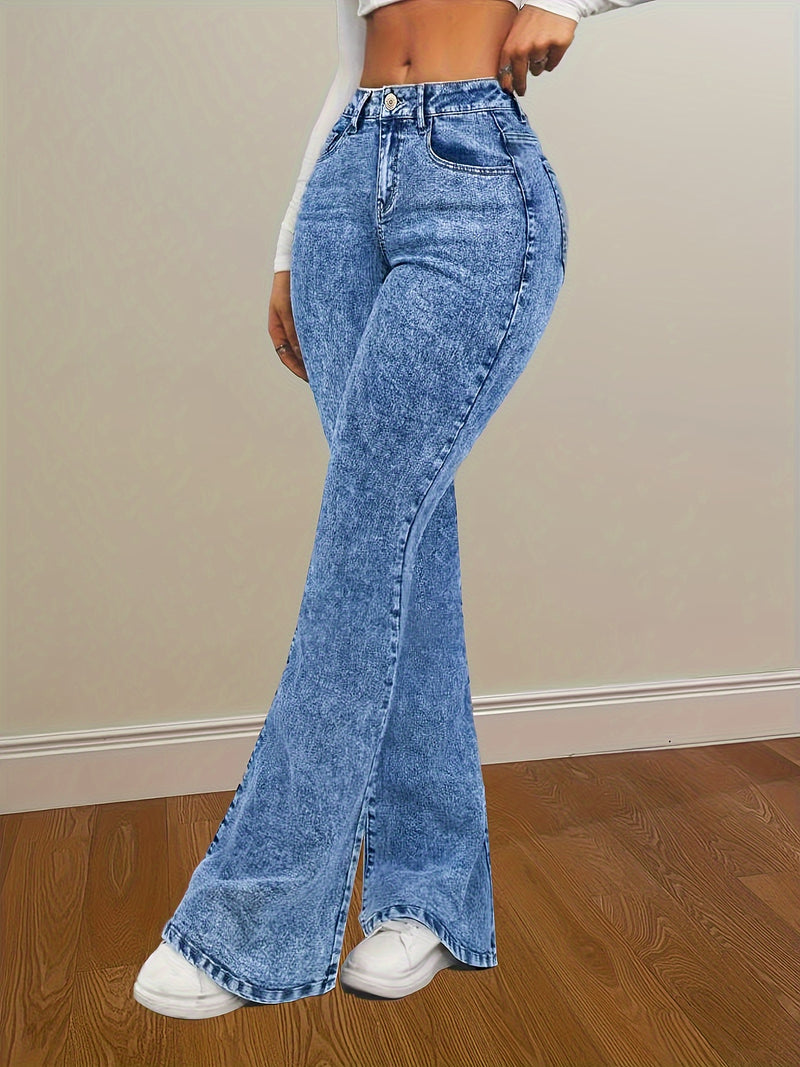 Women’s Blue Snowflake High Stretch Flare Leg Jeans.