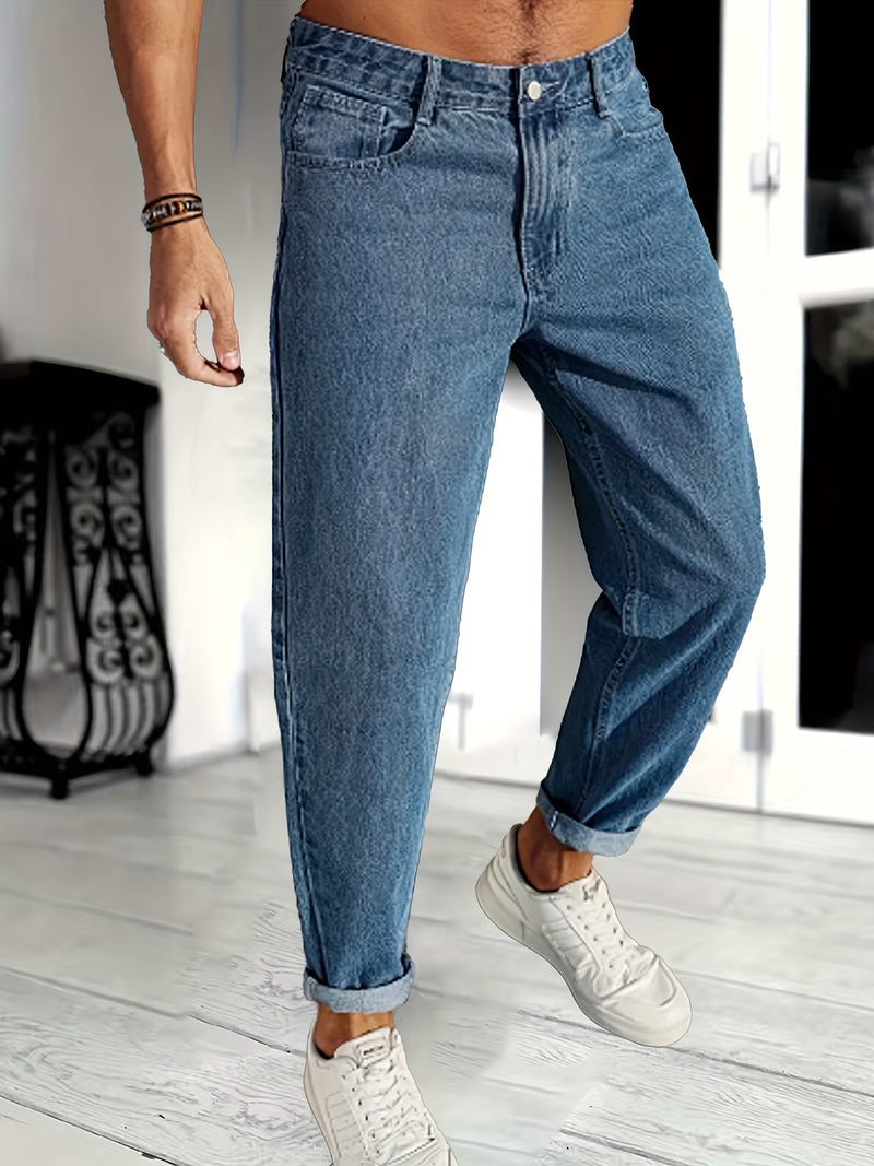 Men's Casual Stretchy Cropped Salt-Washed Denim Pants.
