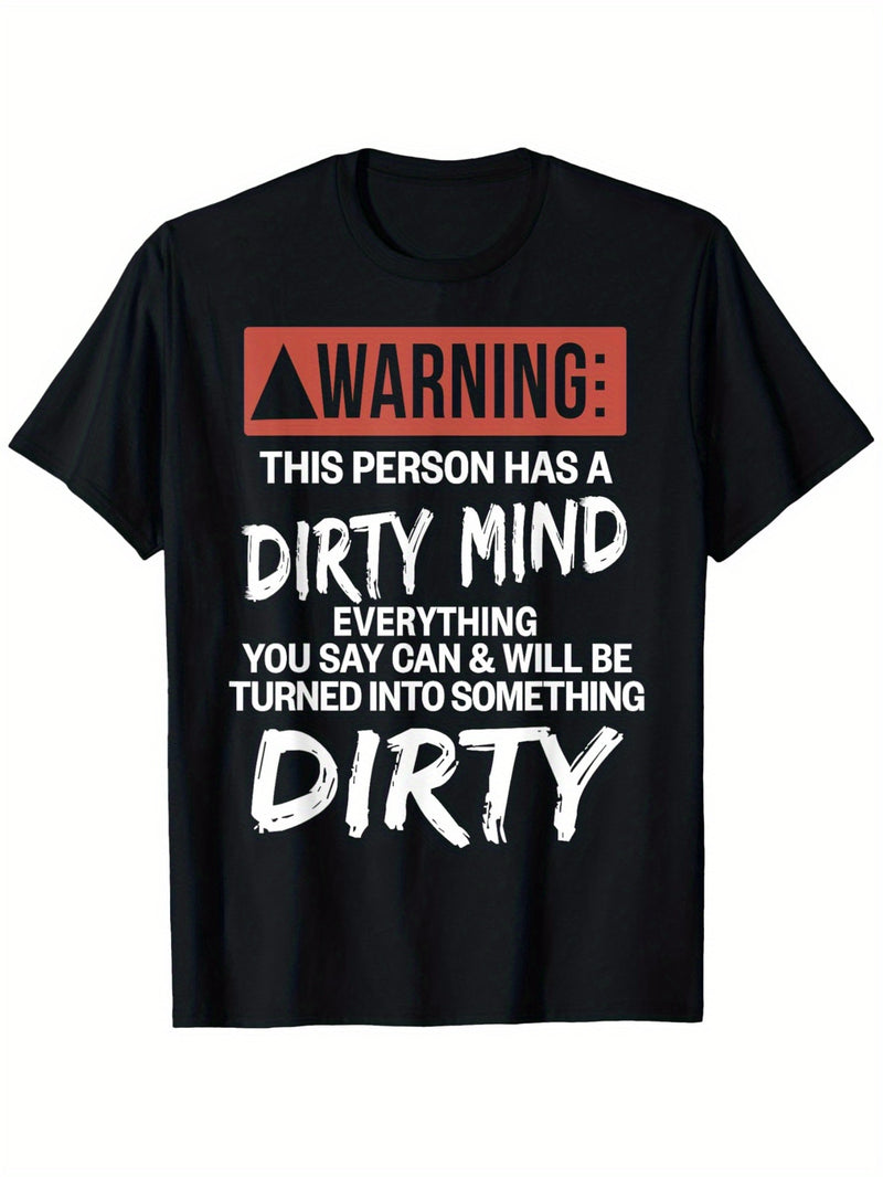 Men's Letter Graphic T-Shirt - Black with Bold White And Red Warning Prints.