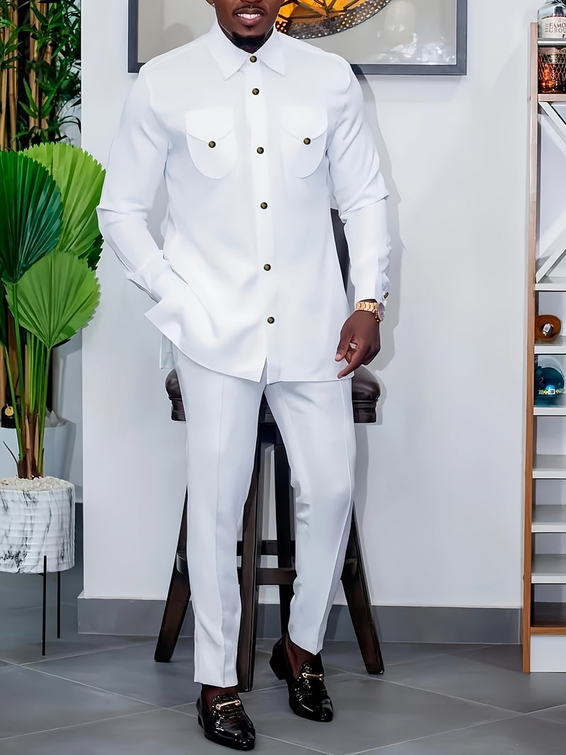 Men's Business Suit Set: Button-Up Cardigan + Drawstring Pants.