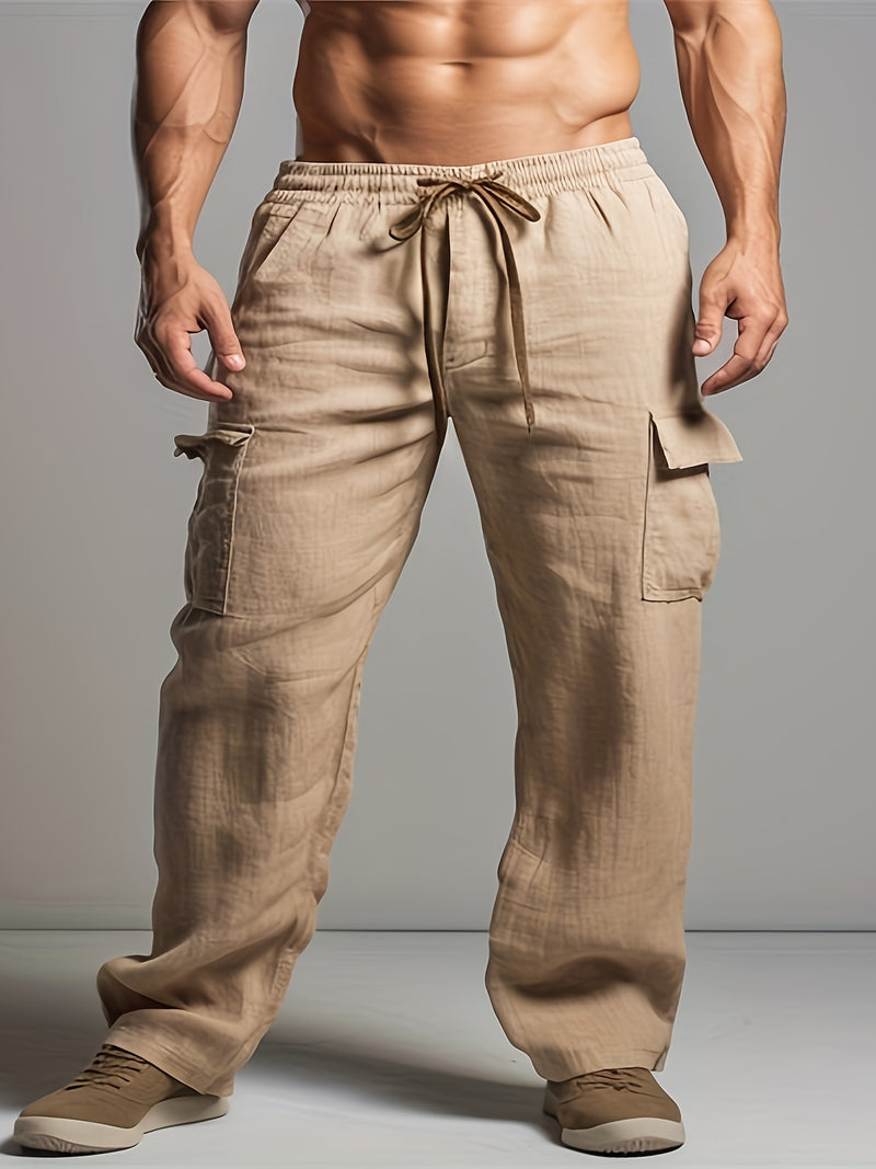 Linen Drawstring Elastic Waist Multi-Pocket Casual Long Pants.