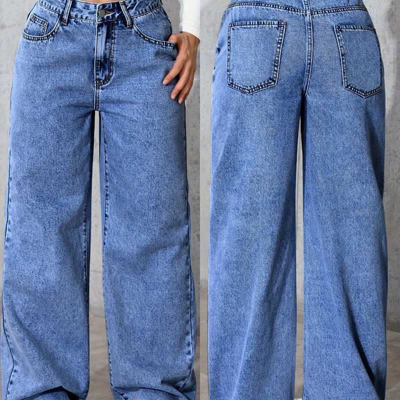 Women's High-Waisted Simple Versatile Distressed Wide Leg Jeans.