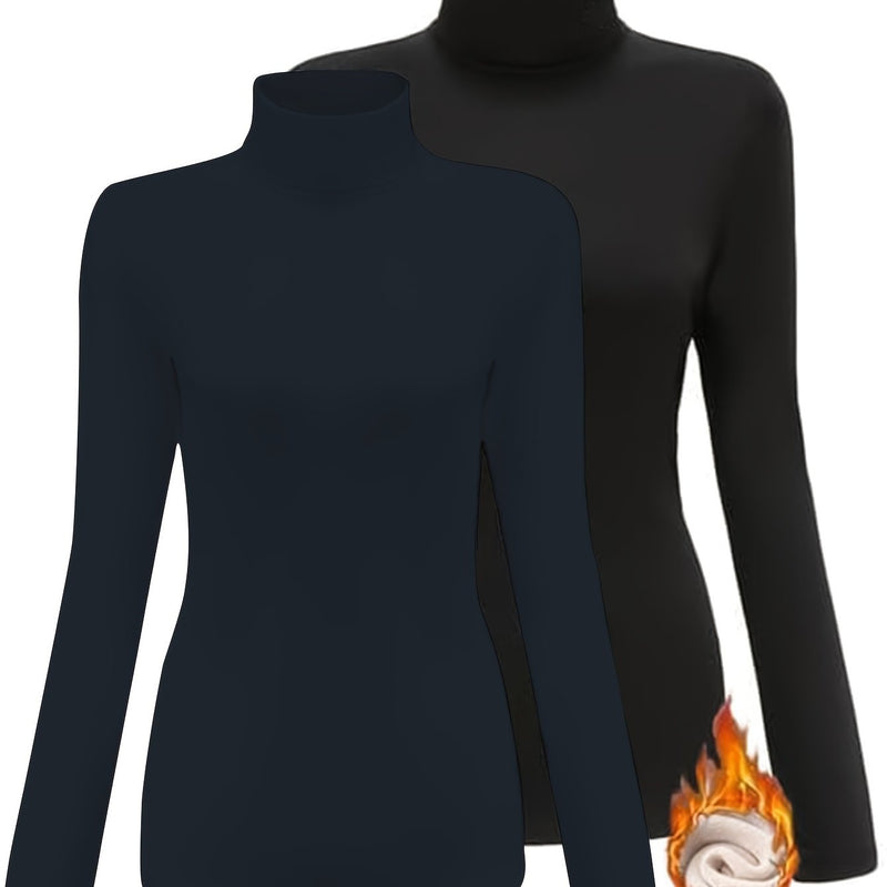 Women's High Collar T-Shirt Autumn And Winter Fleece Lining Warm Long-Sleeved.