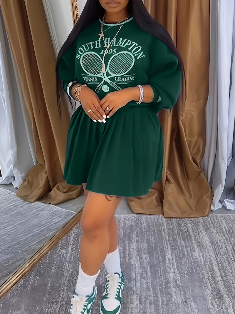 Women’s Printed Sweatshirt and Pleated Skirt Two-Piece Set.