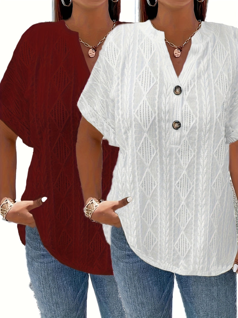 Women's Short-Sleeve V-Neck Solid Color Jacquard Hollow-Out Two-Piece T-Shirt.