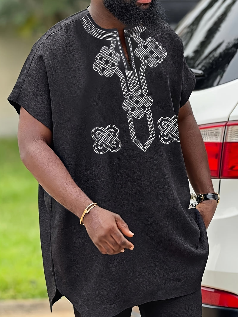 Summer New Men'S Two-Piece Suit Solid Color V-Neck Rhinestone.