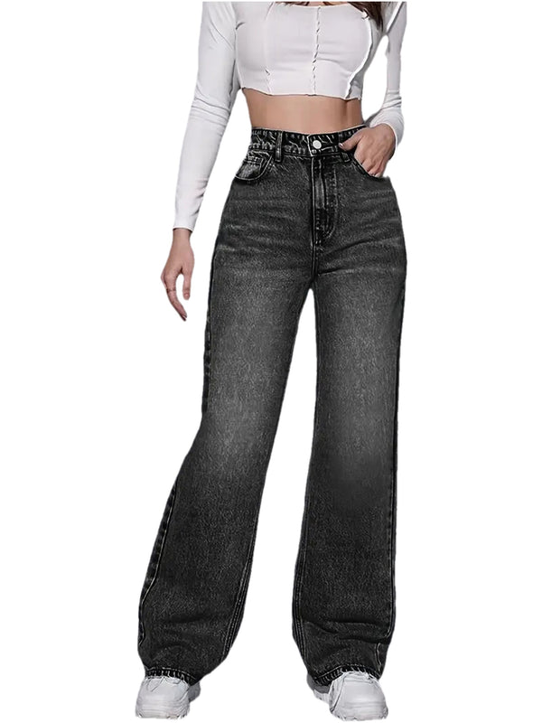 Women's Stretchy Retro Slim-Fit Straight-Leg Black Jeans.
