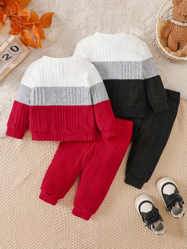 4pcs Children's -lined Color-blocked Irregular Ribbed Long-sleeve and Long-pants.