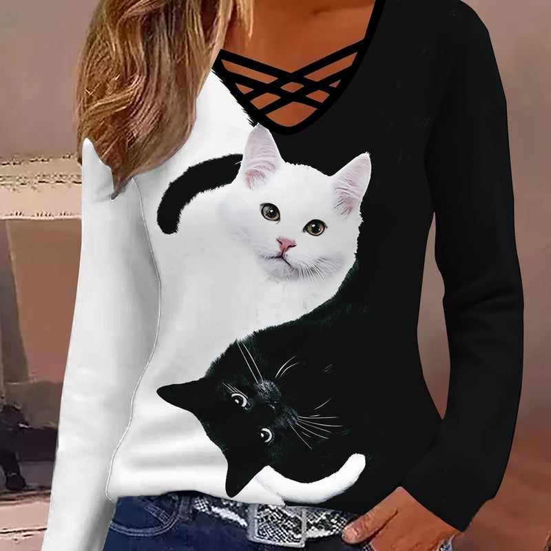 Elegant Women's V-Neck Cross Strap Printed Long Sleeve T-Shirt.
