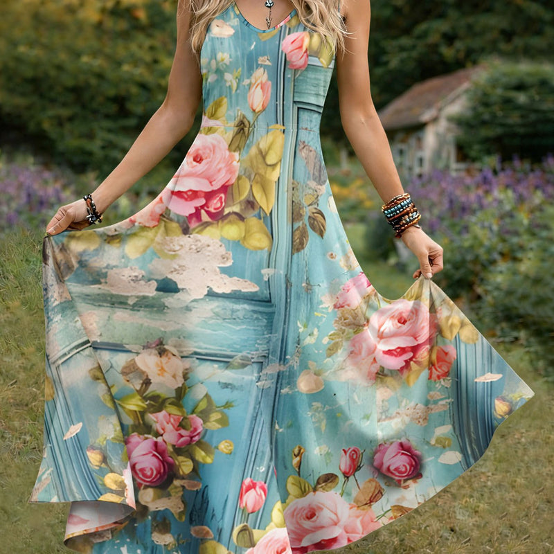 Women's Vintage Style Sleeveless Dress with Floral Design.