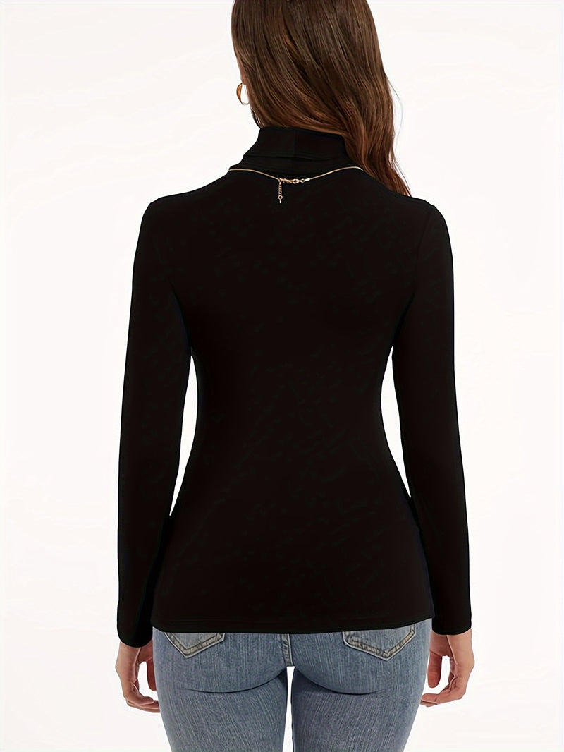 Women's High Collar T-Shirt Autumn And Winter Fleece Lining Warm Long-Sleeved.