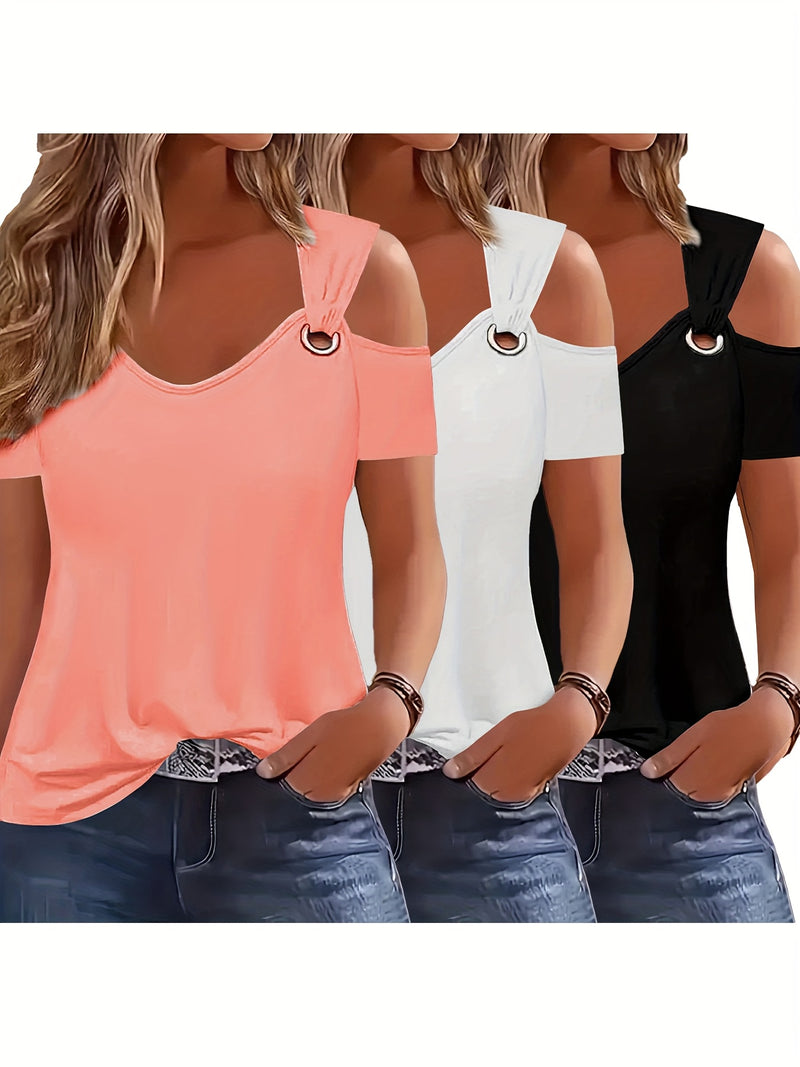 Three-Piece Summer Off-Shoulder Short-Sleeve T-Shirt for Women.