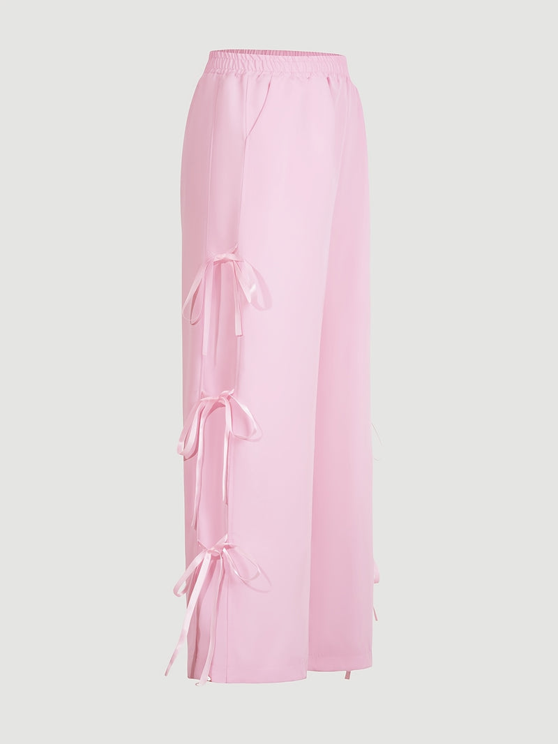 Women’s Elastic Waist Suitable for Spring, Wide-Leg Pants with Side Bow.