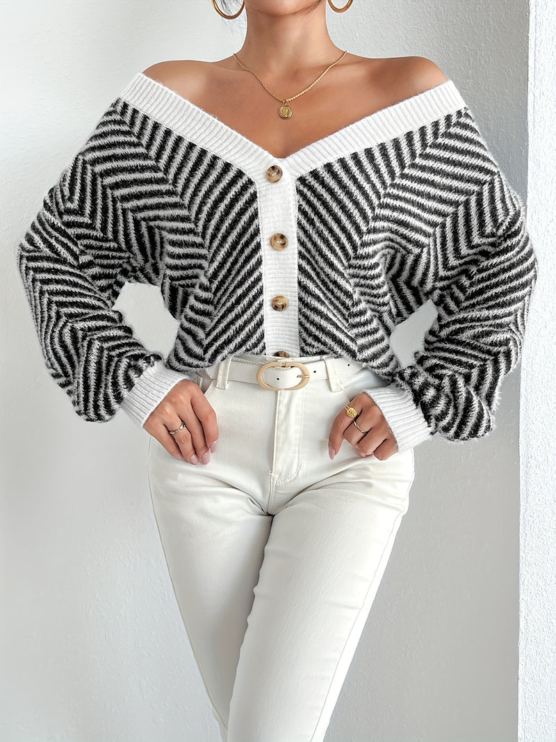 Women's Winter Blouse - Zebra Stripe Collar, V-Neck Button Front Design.