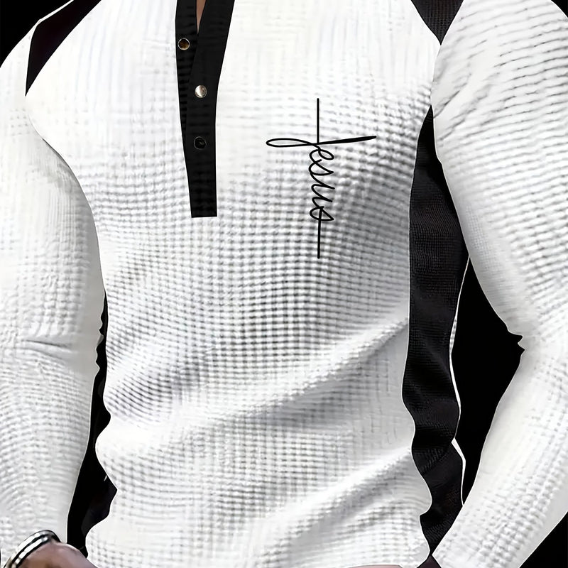 Men's Fashion Waffle Knit Color Block Button-Up Long Sleeve.