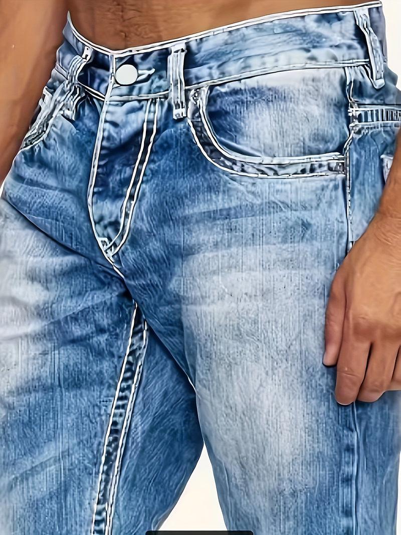 Men's Back Pocket Snowflake and Horse Hoof Stitching Heavy-duty Denim Jeans.