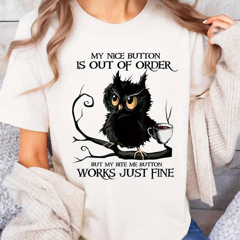 Women’s Owl Print T-shirt, Short Sleeve Crew Neck Casual.