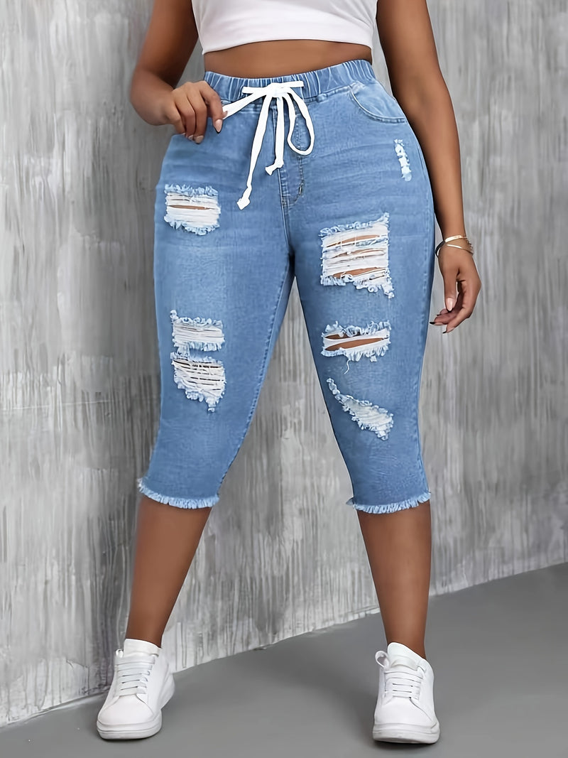 Women's Stretchy Elastic Waist Ripped Denim Shorts.