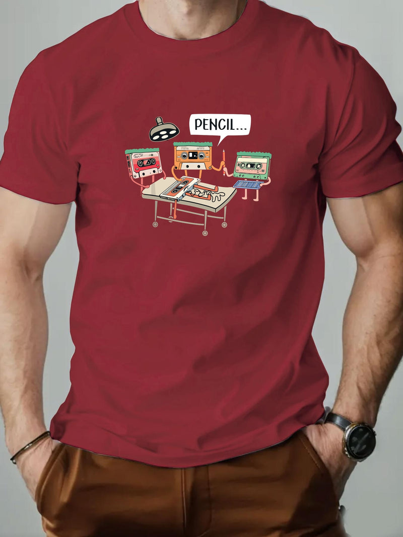 Men's Summer Casual Crew Neck Short Sleeve T-Shirt with Tape Pattern.