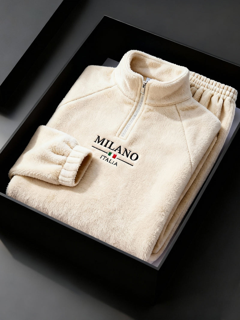 Men's Winter Set with Fleece-Lined Stand Collar Zip-Up Hoodie and Drawstring.