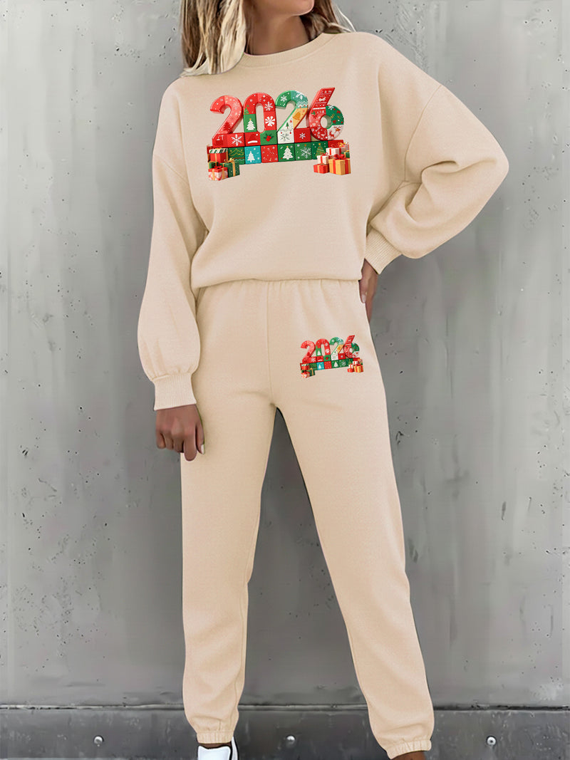 Women's Pullover Round Neck Sweatshirt And Tapered Pants Two-Piece Set.