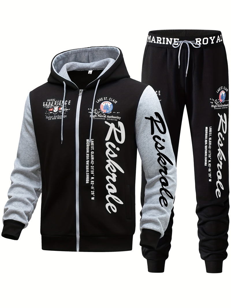 Men's Hooded Sweatshirt with Letter Print, Two-Piece Sports Running Outfit.