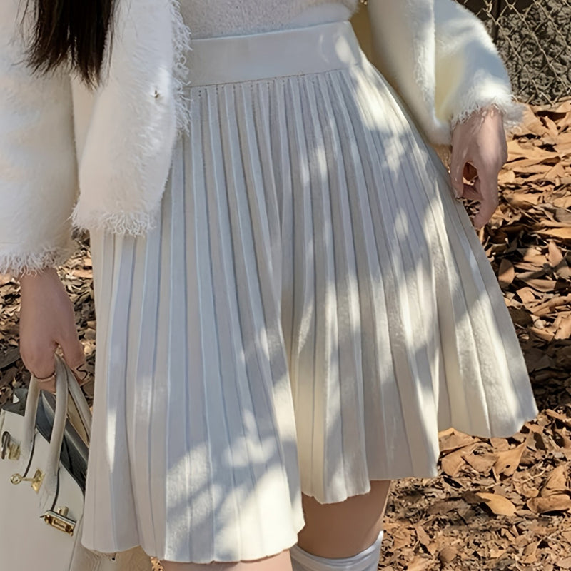 Cute And Playful High-Waisted Pleated Solid Color Mini Skirt.