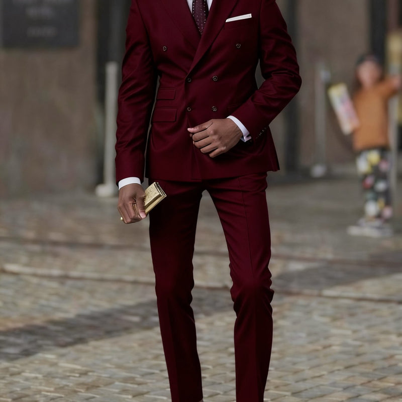 2pcs Men's Slim-Fit Burgundy Wedding & Business Suit Set.