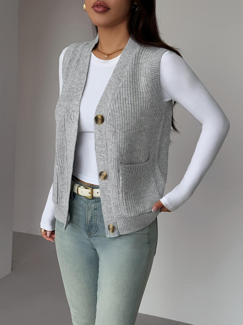 New Solid Color V-Neck Pocket Women's Sweater Vest.