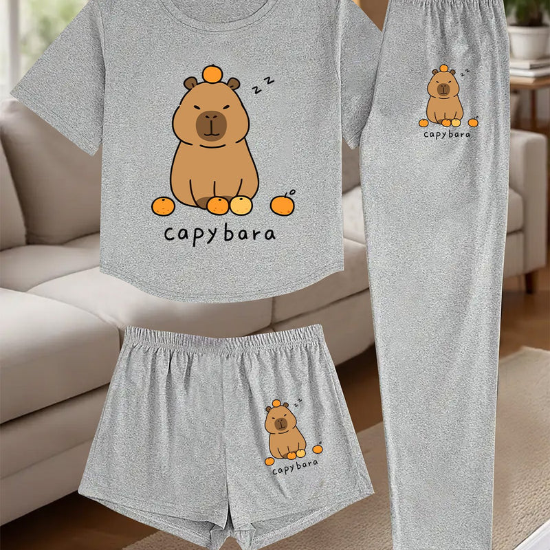 A Three-Piece Women's Loungewear Set, Featuring a Printed Design.