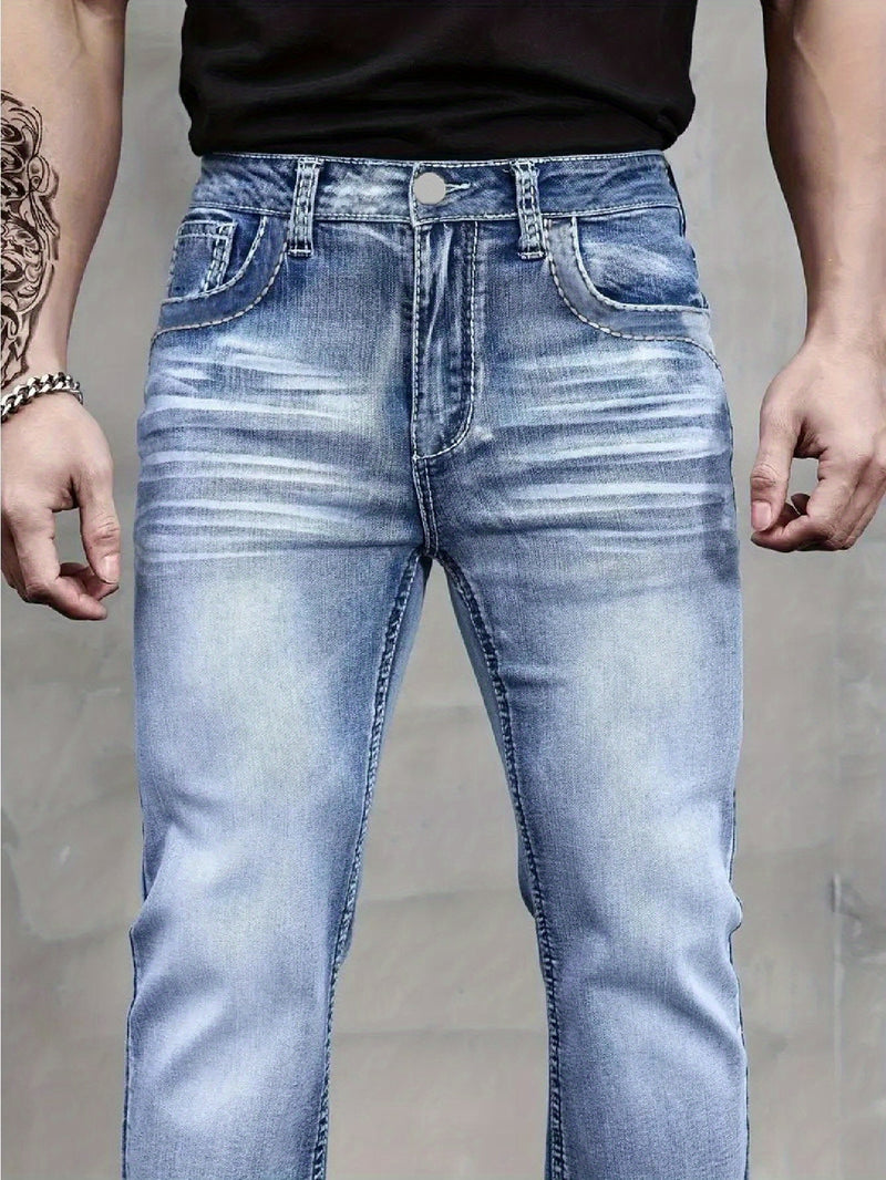 Men's Stretch Simple Straight-Leg Jeans in Light Blue.