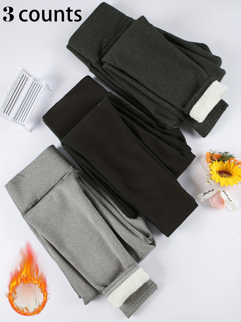 3pcs -Lined Solid Color Skin-Tight Leggings, Autumn/Winter.