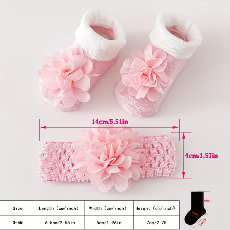 A Set of 1 Pair of Baby Flower Socks Along with a Baby Mesh Headband.