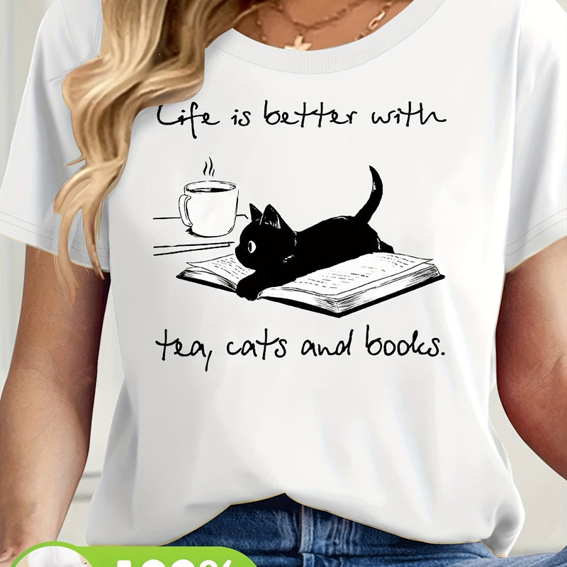 Women’s Casual Short Sleeve T-Shirt with Whimsical Cat & Book Art Print.