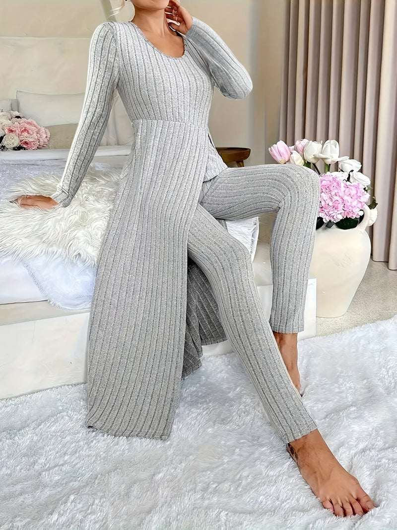 2pcs Women's Designer Round Neck Split Long Sleeve Top and Pants.