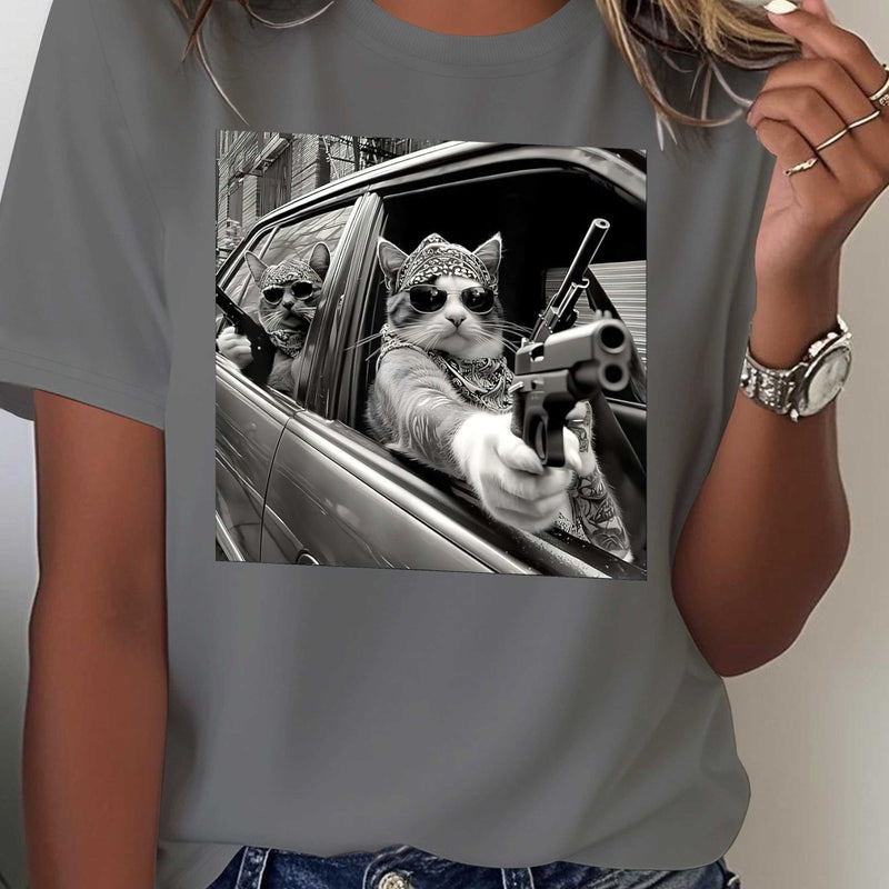 Women's Pure Gangster Cat Print T-Shirt.