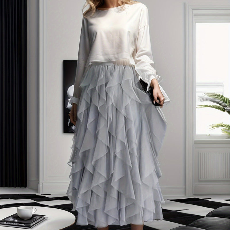 Women’s Irregular High-Waisted A-Line Tulle Skirt, Layered Tulle Skirt.