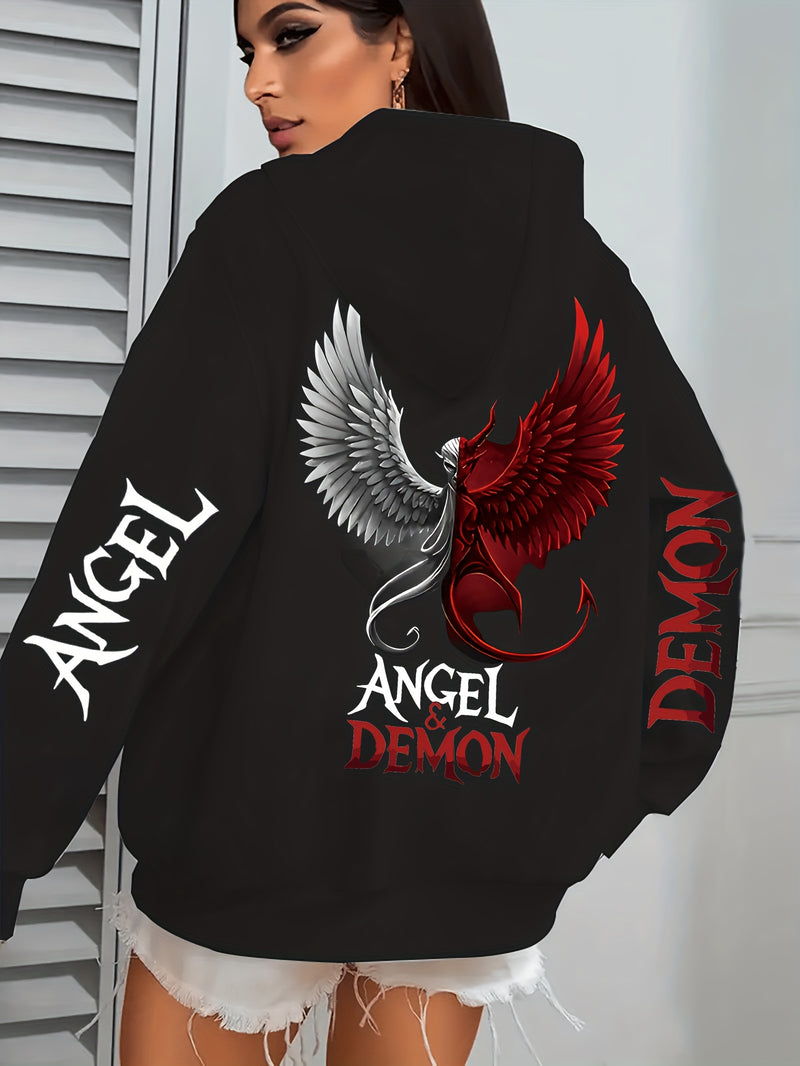 Hooded Sweatshirt with Angel and Demon Print.