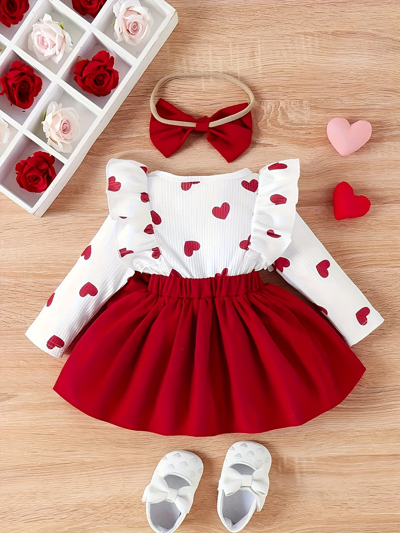 Girls' Valentine's Day Sweet Romantic Lace Bow Decorated Heart Print.
