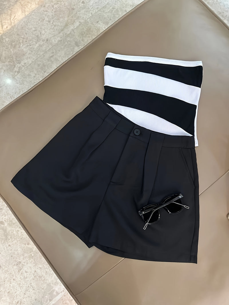 Women’s -Blocked Strapless Fitted Top Paired with Versatile Casual Shorts.